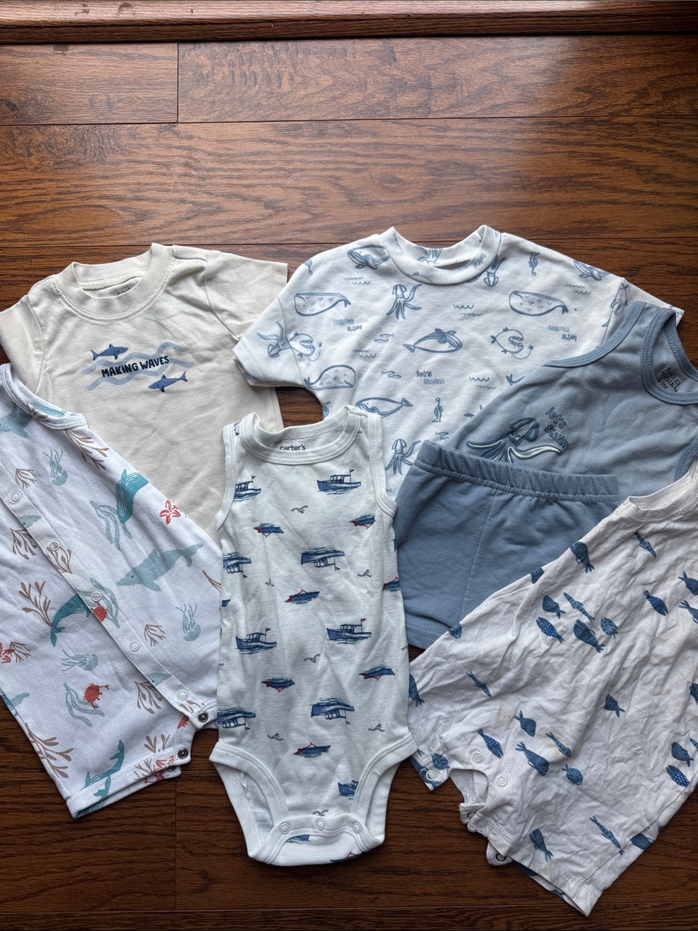 6-9 months Baby Boys' Ocean Print Bodysuits & Sleepwear Set - Blue & White